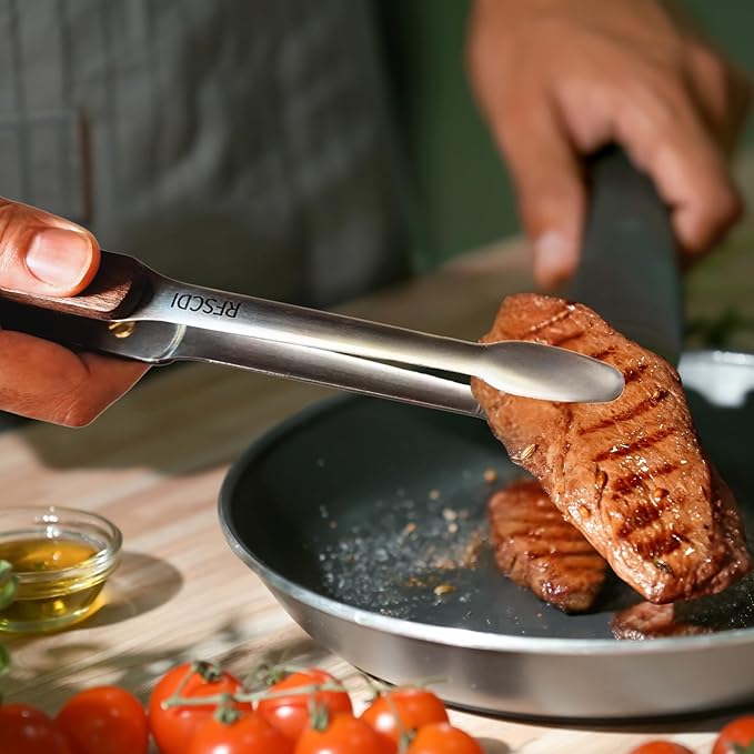 Premium Kitchen Tongs - 304 Stainless Steel & Walnut Wood, Comfortable Grip, Non-Slip Design, High Heat Resistant - Ideal for Home, Cooking, Barbecue & Frying Steak, 9-Inch, silvery