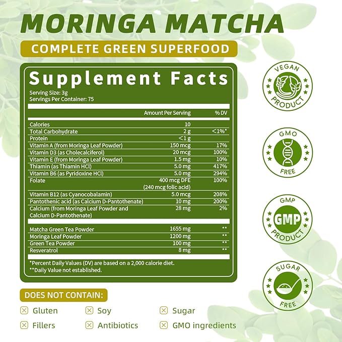 Matcha Moringa Powder – Superfood Blend with Green Tea & Resveratrol, Energy & Focus Support, Immune & Antioxidant Defense, Vegan, Gluten-Free, 8.8oz