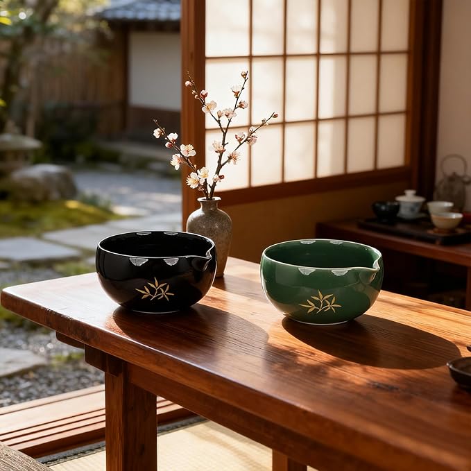 Matcha Whisk Set, Ceramic Bowl with Spout, Matcha Whisk & Holder, Bamboo Scoop & Spoon, Scoop Rest, Sifter, Towel, 8 Pcs Complete Kit for Tea Ceremony, Gift for Friend/Family(Green)