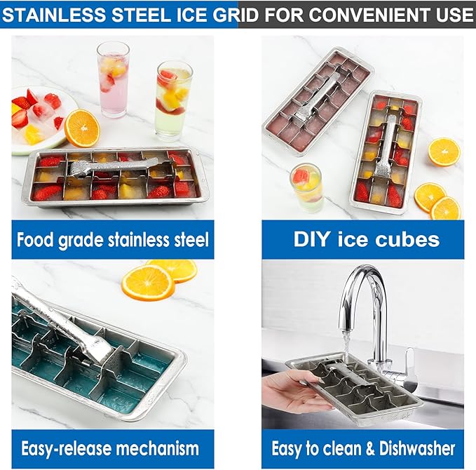 KAYCROWN 18/8 Stainless Steel Ice Cube Tray, 18 Slot Ice Tray with Easy Release Handle for Making Various Ice Cubes and Frozen Foods, Removable Slots for Easy Ice Cube Removal and Cleaning