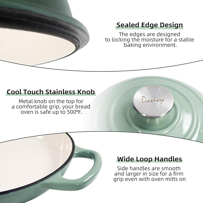 Davivy 5.5QT Cast Iron Sourdough Pan, 10" Round Dutch Oven for Bread, Enameled Cast Iron Dutch Oven for Sourdough Bread, Bread Baking Cloche, with Silicone Baking Mat - Sea Salt Green