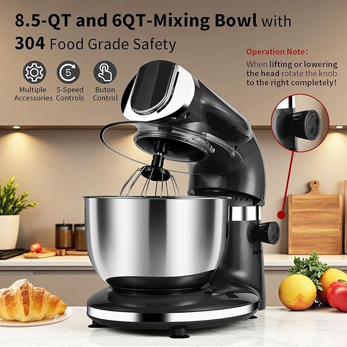 Aifeel Stand Mixer, 8.5QT+ 6QT Two Stainless Steel Bowls Electric Food Mixer, 7 in 1 Multifunctional Kitchen Mixer with Dough Hook, Whisk, Beater, Meat Grinder,Pasta & Cookie Maker-Black