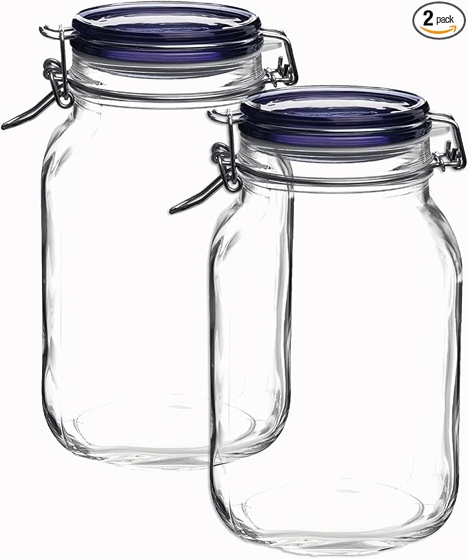 Bormioli Rocco Fido Collection, 2 Pack, 67.75 Oz. Food Storage Glass Jars, Airtight Rubber Seal & Glass Lid, With Stainless Wire Clamp,Made In Italy.