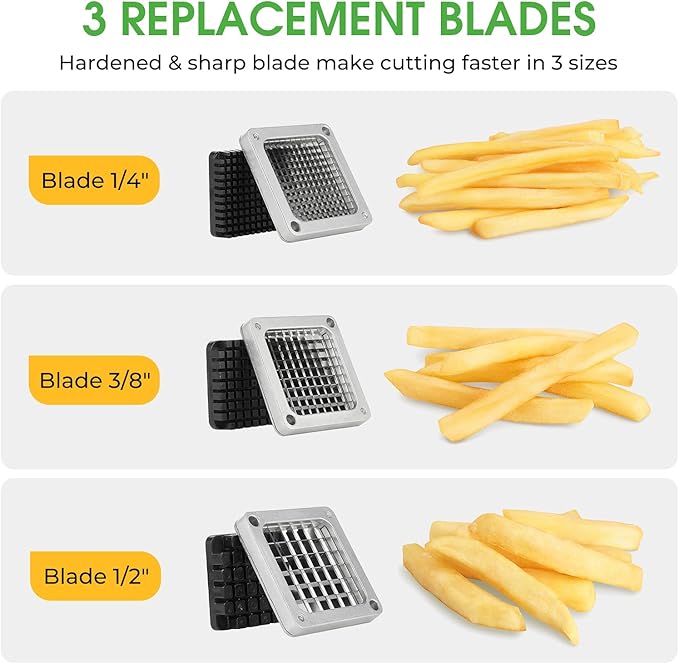 Commercial Vegetable Chopper & French Fry Cutter Stainless Steel - Includes 3 Blade Sizes (1/2",3/8",1/4")- Perfect for Home Kitchen or Restaurant Use - Dices, Slices & Chops Fruits and Potato