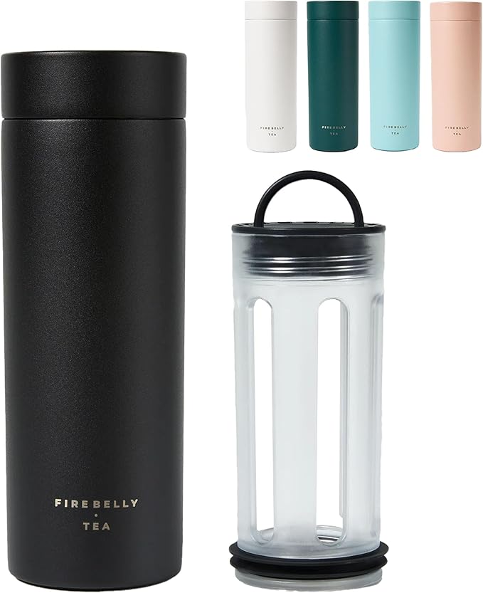 Firebelly Tea, Travel Tea Infuser Mug with Strainer, Insulated Tumbler for Loose Leaf Tea or Coffee, Leakproof Bottle for Hot or Iced Drinks, Stainless Steel Thermos with Lid, Noir