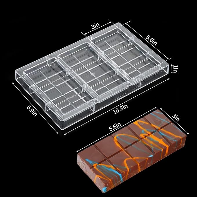 Polycarbonate Mold For Dubai Chocolates Making 3-Cavities Deep Professional Chocolate Bar Mold Filling Break Apart PC Candy Chocolate Bar Mould for Dubai Bars Energy Bar Maker Candy Mould
