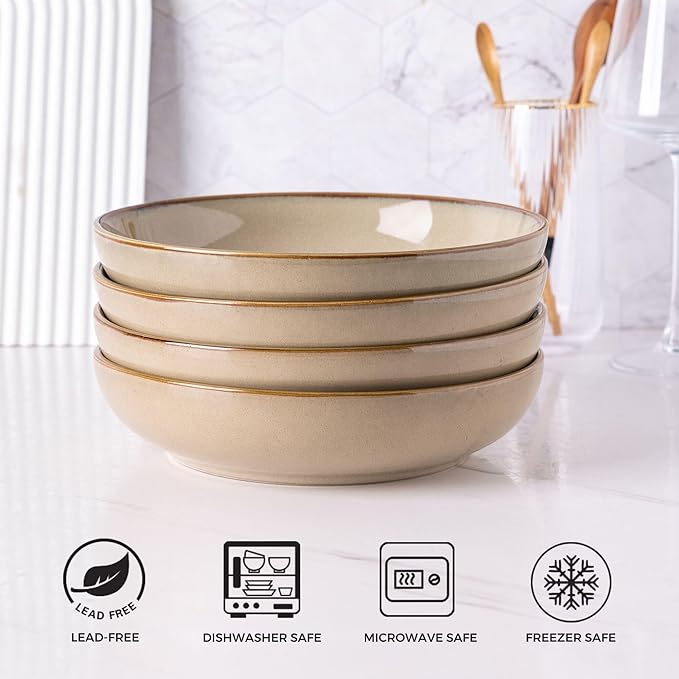 AmorArc 8.5'' Large Pasta Bowls, 36oz Ceramic Pasta Serving Bowls Set of 6 for Kitchen, Wide Bowls for Pasta,Salad,Oatmeal, Microwave Safe, Latte