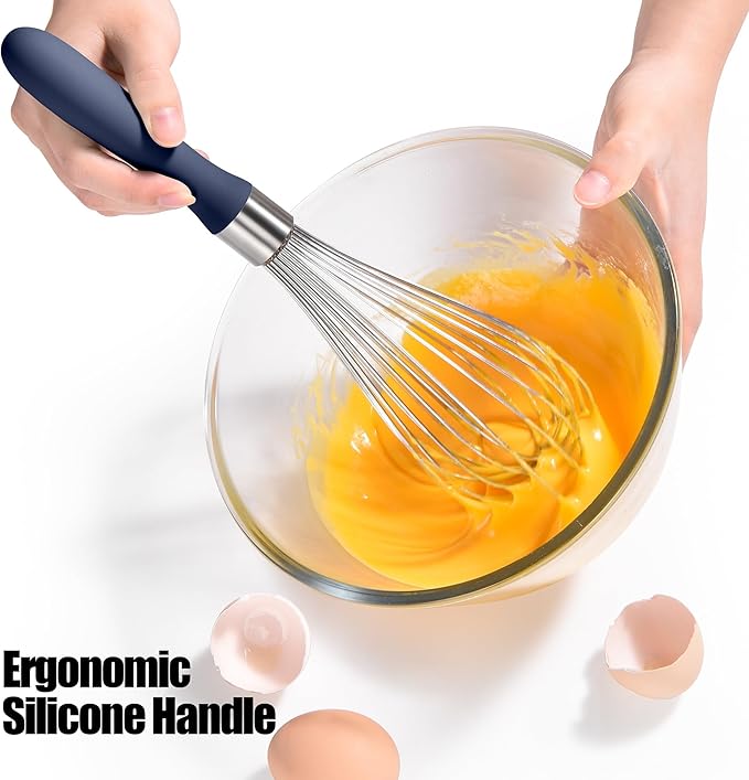 18/8 Stainless Steel Balloon Whisk, Doosu Kitchen Whisk for Cooking Handheld Egg Beater with Rust-Proof Sturdy Wires & Non-Slip Silicone Handle for Beating, Stirring, Blending (12 Wires, Navy Blue)