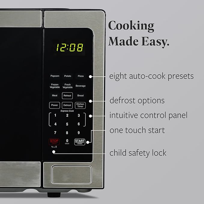 Farberware 1.1 Cu. Ft. Countertop Microwave Oven – 1000 Watts Power, Auto Cook Settings, Defrost, Easy Clean and Child Safety Lock-Stainless, Stainless Steel