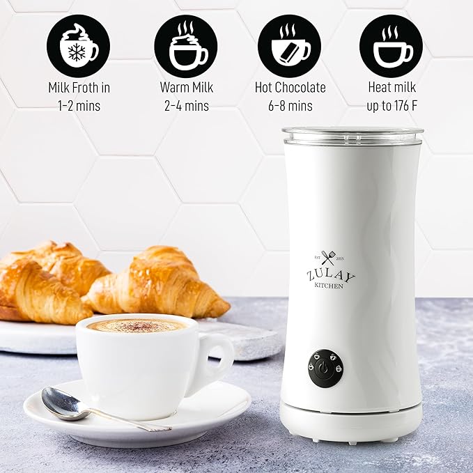 Zulay 4-in-1 Milk Frother and Steamer - Automatic Hot and Cold Foam Maker with Auto Shut Off & Temperature Control for Coffee, Latte, Cappuccino, Hot Chocolate - White