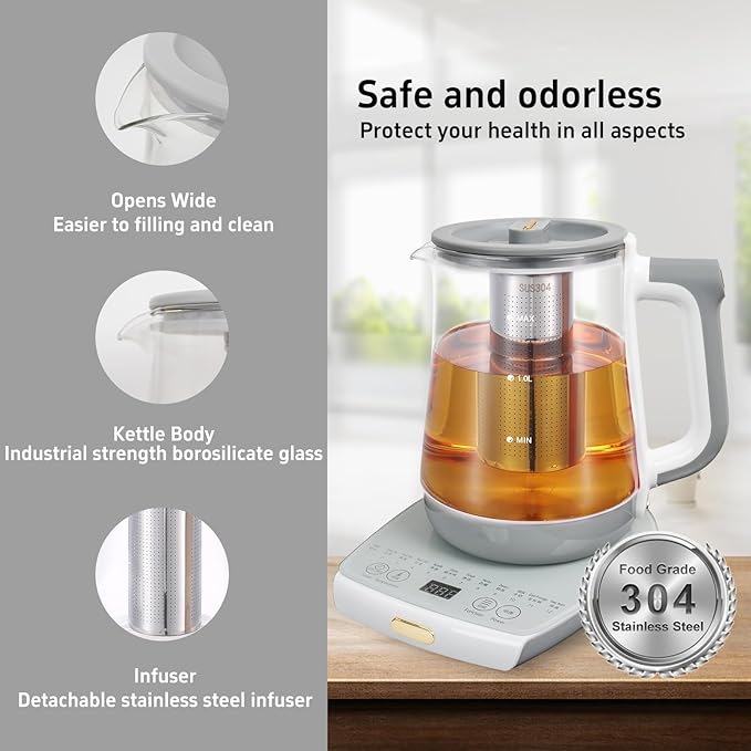 Health Pot Electric Kettle with Infuserand stew pot,Smart Fruit Hot Tea Maker, Temperature Control and Tea Keep Warm, 12 Functional Procedures, 1.8 Liters of Capacity