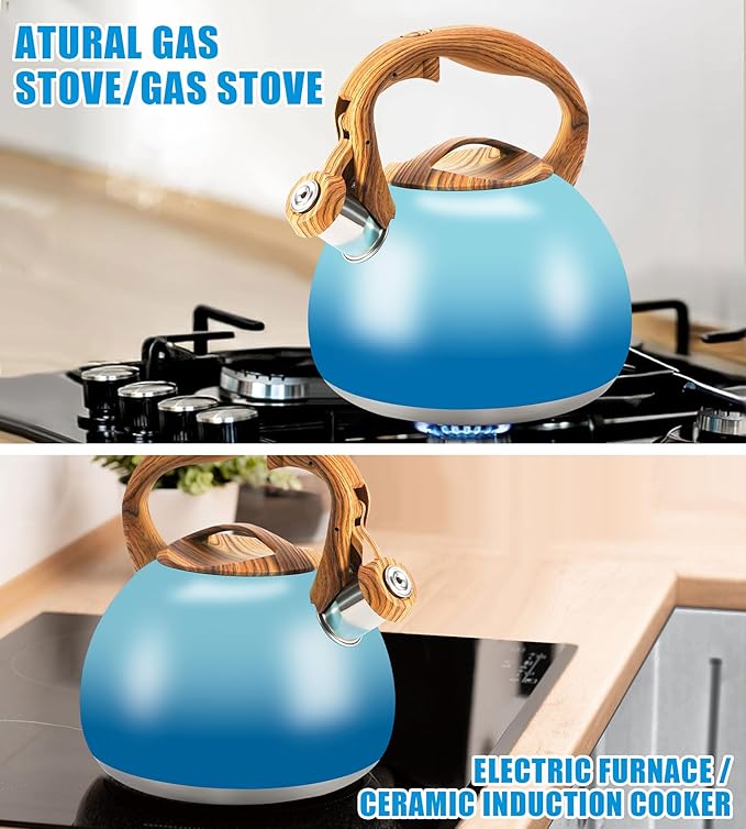 Tea Kettle, 3.2Qt/3Liter Whistling Kettle,Food Grade Cool Handle Tea pot,One-Button Switch, Apply to Various Stovetops, Coffee/Tea (Sky Blue Gradient)