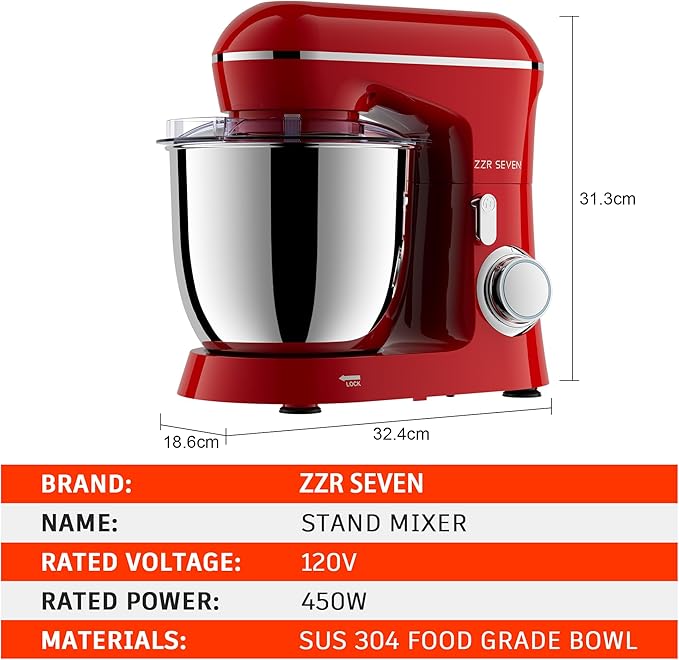 Stand Mixer, 5.5 Quart, 10 Speed Tilt-Head Kitchen Mixer, Copper Motor, Household Food Mixer with Bowl, Flat Beater, Dough Hook, Egg Whisk (450W Red)