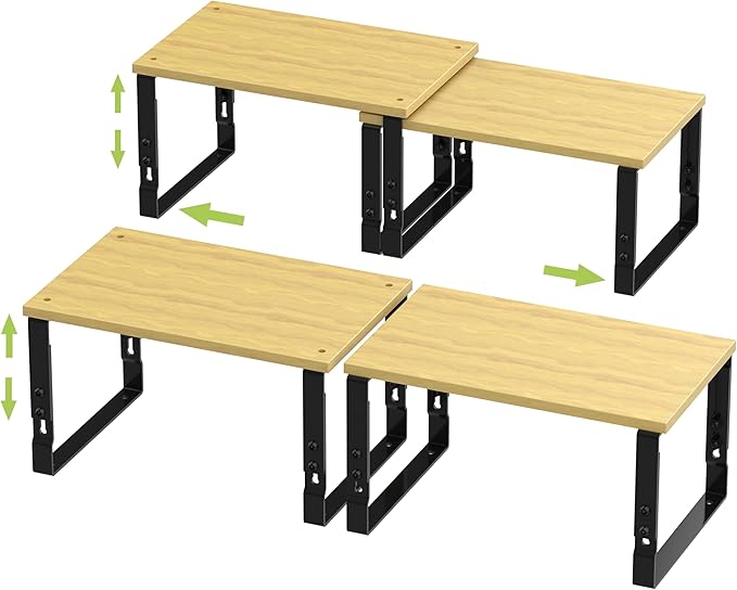 Adjustable Storage Shelves for Kitchen Cabinet Organization - Set of 2 Stackable Metal & Solid Wood Racks, Space-Saving Design for Countertop/Pantry/Garage, Easy Assembly(2 Packs/Medium/Black)