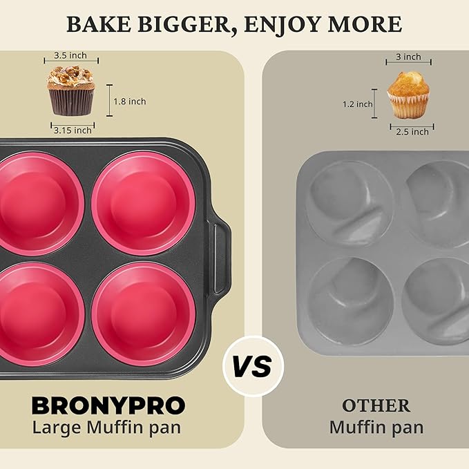 BRONYPRO Jumbo Silicone Muffin & Cupcake Pan for Baking with Metal Frame, Extra Large 3.5dia Muffin Tins Easy to Pop Nonstick Non Toxic Bakeware for Oven, Rose Pink