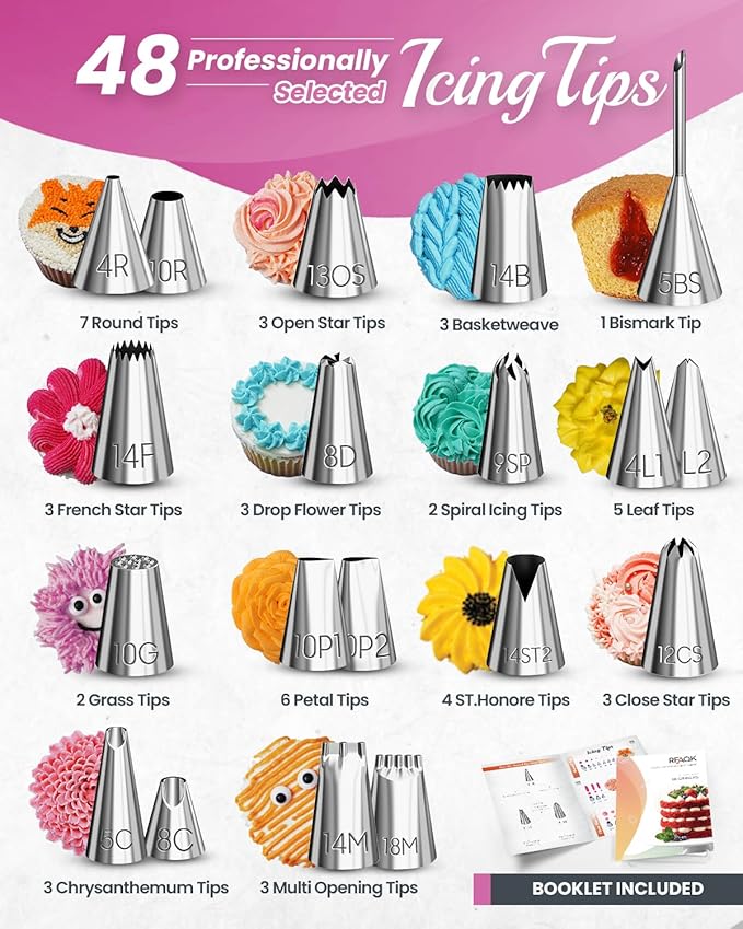 RFAQK 74 PCs Icing Piping Bags and Tips Set, Cake Decorating Kit with 48-Numbered Piping Tips, 20+1 Pastry Bags for Cookie Cupcake Cake Decoration, with Booklet and E-book (Pink)