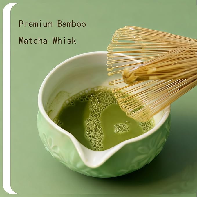 Matcha Whisk Set - Traditional Bamboo Chasen and Pale Green Ceramic Matcha Bowl with Spout, 6Pcs Complete Matcha Making Kit