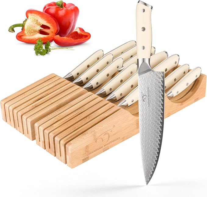 NANFANG BROTHERS Damascus Kitchen Knife Set,14 Pieces Drawer Knife Set,ABS Ergonomic Handle for VG10 Steel Professional Chef Knives Set with Block and Steak Knives