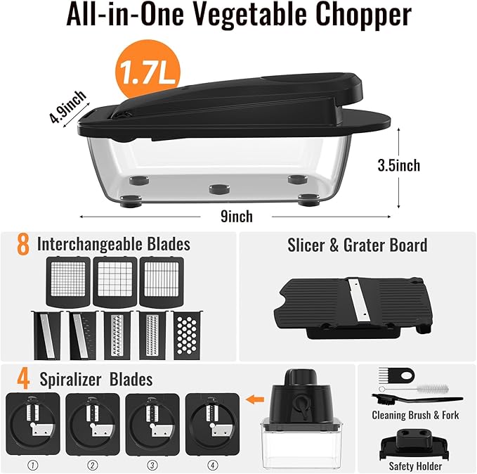 12 Blade All-in-1 Vegetable Chopper Mandoline Slicer with Container, Spiralizer with Contianers, Food Chopper, Onion Chopper, Veggie Cutter for Salad, Kitchen Gadgets Accessories Essentials, Black