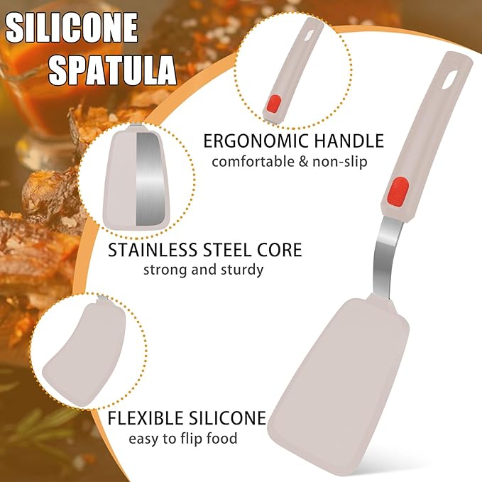 Beijiyi Silicone Spatula Turner Set of 3, 600°F Heat Resistant Nonstick Turner Spatulas for Kitchen Use, Large Flexible Silicone Cooking Utensils Rubber Spatula Set for Egg, Pancake, Fish (Khaki)