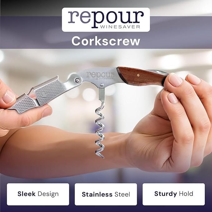 Repour 3 in 1 Corkscrew- Professional Wine Bottle Opener with Serrated Foil Cutter and Bottle Opener- Manual Wine Key for Bartenders, Servers, Waiters, and Wine Enthusiasts (Rosewood)