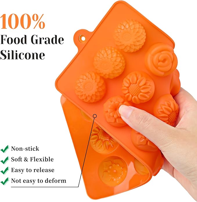 6 Pcs Flower Silicone Chocolate Molds Set, 15-Cavity Rose Heart Star Candy Mold Different Shapes Silicone Molds for Chocolate, Candy, Ice Cube, Butter, Jello