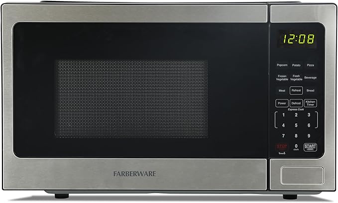 Farberware 0.9 Cu. Ft. Countertop Microwave Oven – 900 Watts Power, Auto Cook Settings, Defrost, Easy Clean and Child Safety Lock-Stainless, Stainless Steel