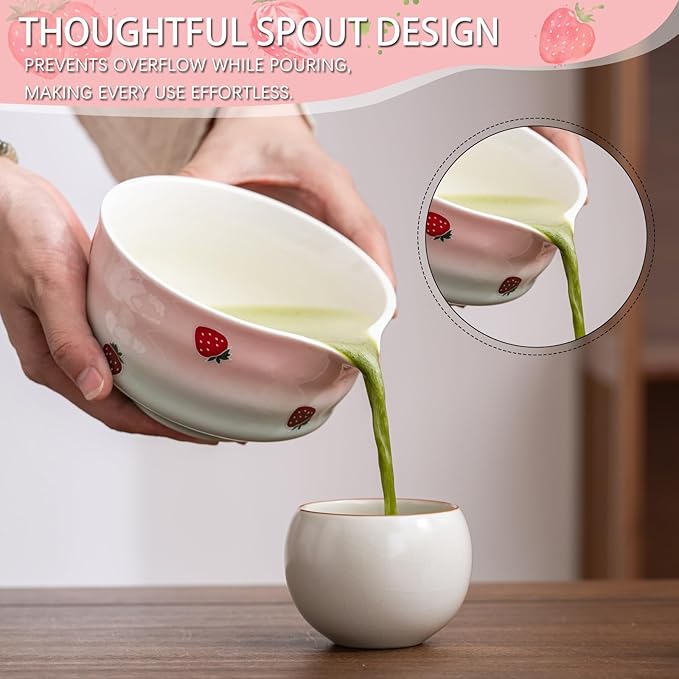 Matcha Whisk Set, Matcha Bowl with Spout, Matcha Whisk and Holder, Bamboo Matcha Scoop and Stainless Sifter,Ceramic Matcha Bowl(Pink Green)