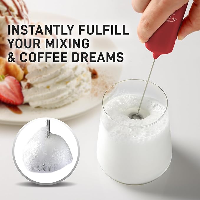 Mini & Mighty Milk Frother Wand – Powerful Handheld Coffee Frother, Battery Operated Drink Mixer – Compact Pocket Size – Detachable Whisk for Latte, Cappuccino, Matcha, Hot Chocolate – Cranberry