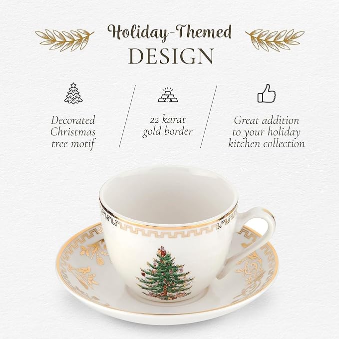 Spode Christmas Tree Gold 4-Piece Holiday Dinnerware Set - Fine Earthenware Tableware with 22K Gold Accents - Dinner Plate, Salad Plate, Teacup & Saucer - Festive Christmas Tableware, Dishwasher Safe