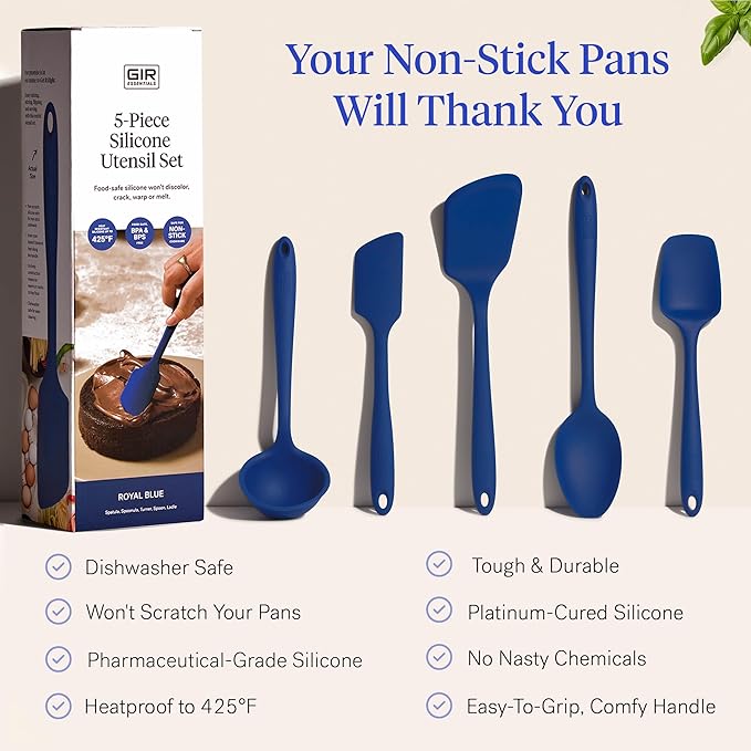 GIR: Get It Right - 5 Piece Essentials All Purpose Set - Ladle, Spatula, Flip, Spoon & Spoonula, Non-stick, Heat Resistant, Dishwasher Safe, Kitchen Utensils, Baking Supplies - Royal Blue