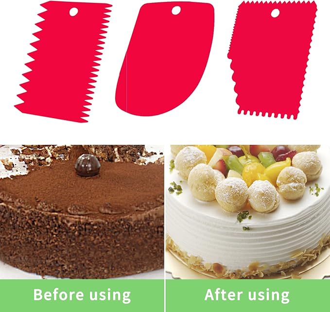 Cake Scraper, Cake Smoother Scraper Set, Dough Scraper Icing Scraper Polisher Tool, Cake Decorating Comb, Icing Smoother Plastic Sawtooth Cake Icing Kitchen Baking Cake Edge (Red)
