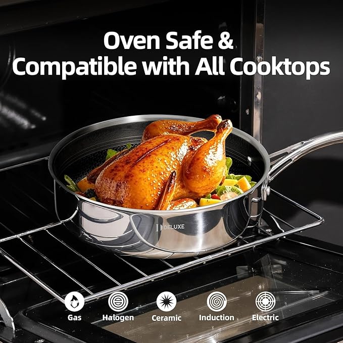 DELUXE Hybrid Ceramic Nonstick 5 Qt Deep Sauté Pan with Lid, Stainless Steel Skillet with Stay-Cool Handles, Dishwasher and Oven-Safe, PFOA Free Deep Frying Pan, Compatible with All Cooktops