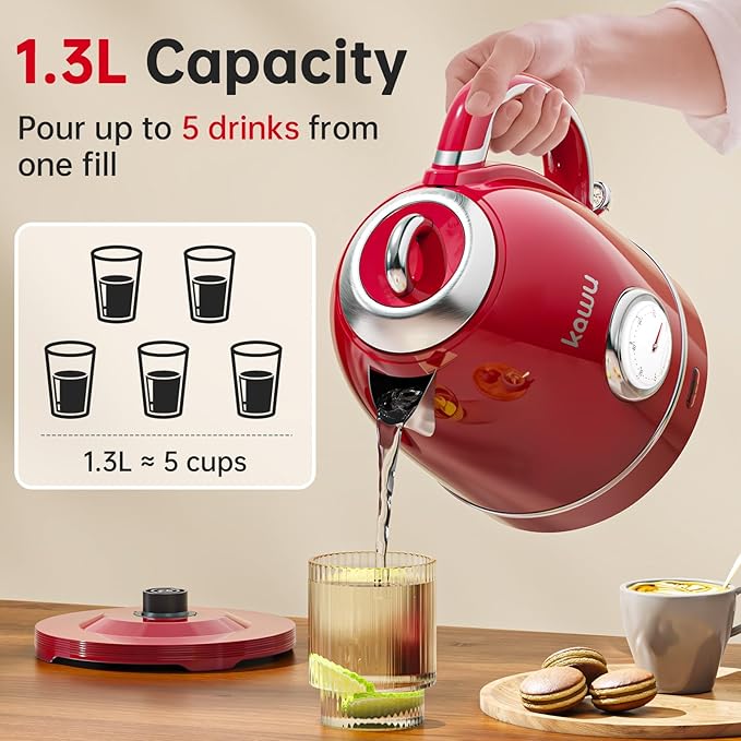 Kawu Retro Electric Kettle, 1.3L Hot Tea Water Boiler with Temperature Gauge, 1355W Fast Boiling Tea Kettle with Stainless Steel Inner & Boil-Dry Protection, Auto Shut Off, 60°C Keep Warm, Food Grade