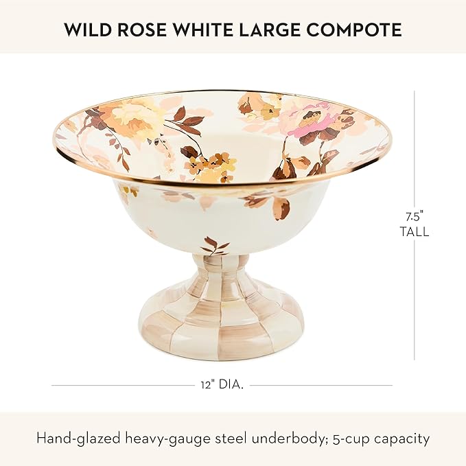 MACKENZIE-CHILDS Enamel Compote, Pedestal Serving Dish or Decorative Bowl, Large, Wild Rose White