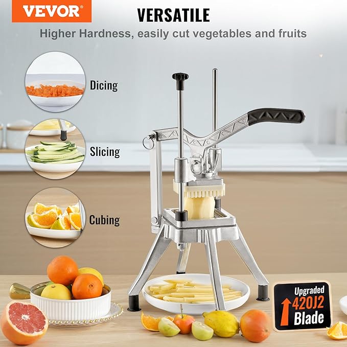 VEVOR Commercial Vegetable Chopper w/ 4 Replacement Blades, Stainless Steel French Fry Cutter Potato Dicer & Fruit Slicer for Restaurants & Home Kitchen