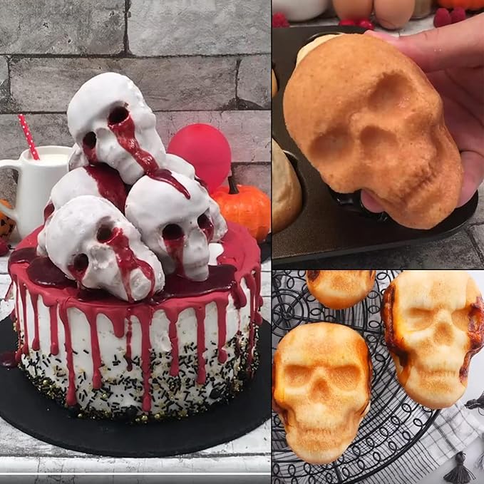 HUAKENER 2 Pack Skull Cake Pan, 6 Cavity Skull Cake Molds, Silicone Skull Baking Pan for Mini Cakes, Chocolate Bomb, Pudding, Halloween Baking