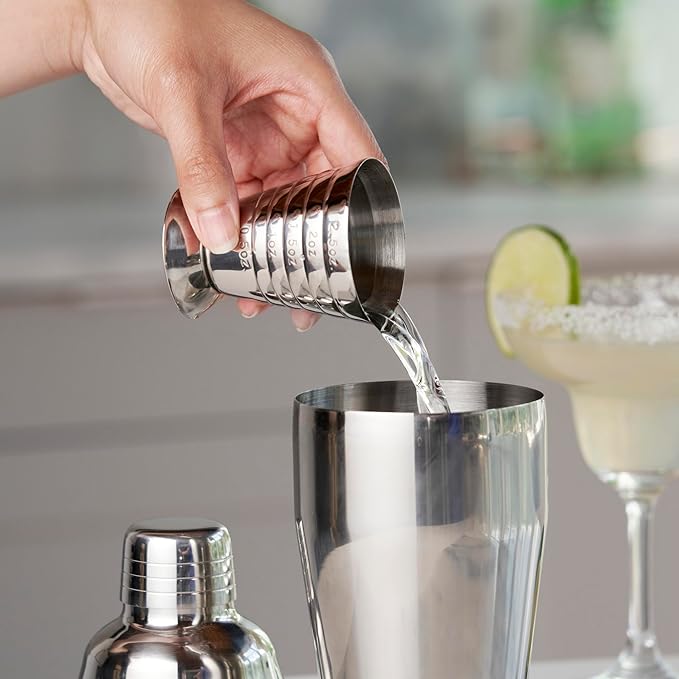 True Trio Multi-Unit Drink Measure, Shot Measuring Cup with Oz, Ml, and Tbsp Markings, Stainless Steel 2.5oz Set of 1