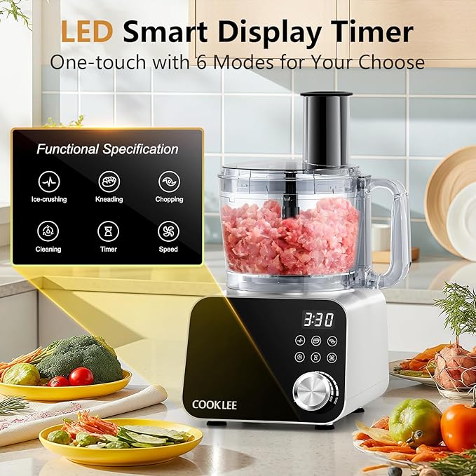 COOKLEE Food Processor, 600 Watts, 6 Functions Electric Food Chopper for Chopping, Mincing, Dicing, Shredding, Slicing, Purees & Dough with 12cup Processor Bowl, Food Chute & Pusher, Silver