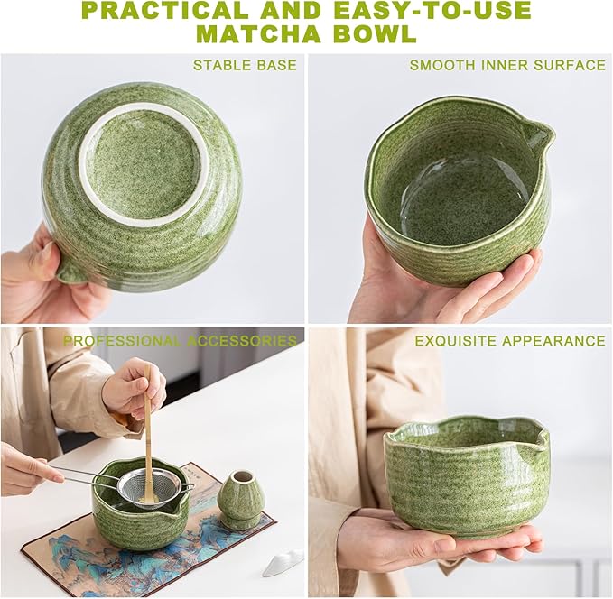 Matcha Set 7-Piece Tea Set with Brush, Bowl, Whisk, Strainer, Chasen, for Matcha Tea Ceremony (Matcha Green)