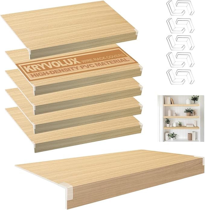 5 Pcs Wire Rack Covers 22x16x3 inch PVC Pantry Shelf Cover 0.31 inch Thick Removable Closet Wire Rack Shelf Covers,Decoration Kitchen Bathroom Office Shelving (Wood Color,22x16x3 inch)