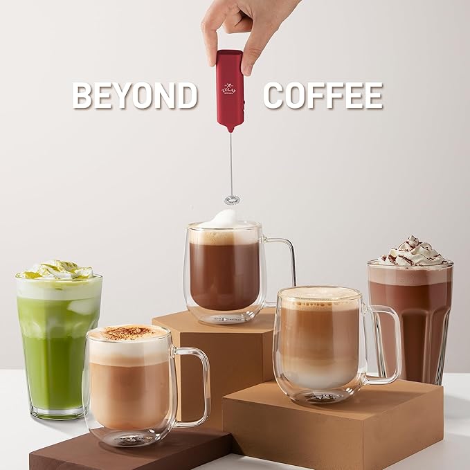 Mini & Mighty Milk Frother Wand – Powerful Handheld Coffee Frother, Battery Operated Drink Mixer – Compact Pocket Size – Detachable Whisk for Latte, Cappuccino, Matcha, Hot Chocolate – Cranberry