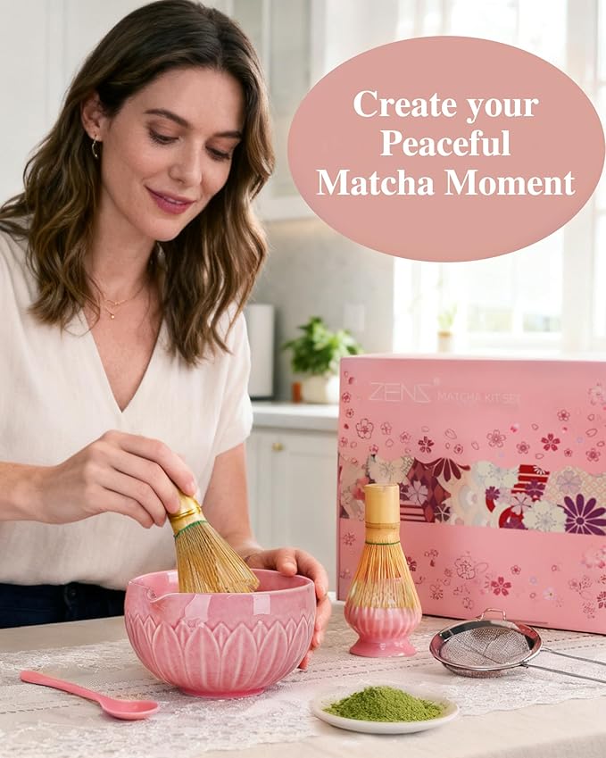 ZENS Pink Matcha Kit, 6pcs Matcha Whisk Set Includes 15oz Pink Bowl, Chasen Holder, Bamboo Whisk & Scoop, 304 Sifter & Tea Mat, Japanesse Matcha Set for Matcha Latte-Making