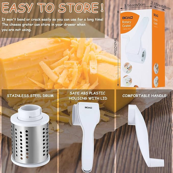 Boao Rotary Cheese Grater Manual Handheld Cheese Grater with Stainless Steel Drum for Grating Hard Chocolate Nuts Kitchen Tool(White)