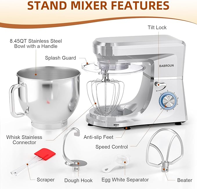Dough Mixer 8.45 QT Electric Mixer - 660W 6 Speed Large Capacity Kitchen Stand Mixer with Whisk Dough Hook Mixing Beater Household Food Mixer for Baking Cakes Cookie Bread Salad (Silver)