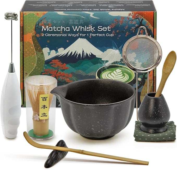 Matcha Whisk Set Incl. Ceramic Bowl With Spout, Whisk (Chasen), Stand, Bamboo Scoop, Sifter, Electric Frother, Tea Towel etc. 9 Pcs Matcha Making Starter Kit, Mottled Black