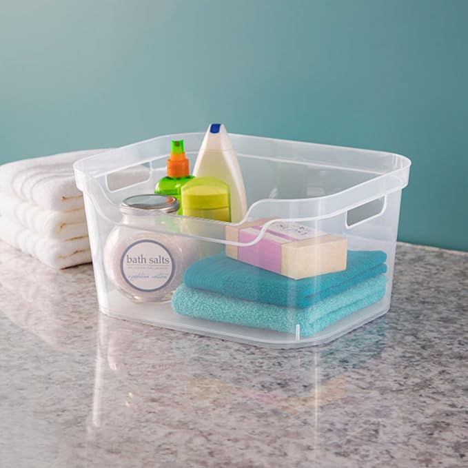 Sterilite 7 x 11 x 14.25 Inch Polished Open Scoop Front Storage Bin with Comfortable Carry Through Handles for Household Organization, Clear (18 Pack)