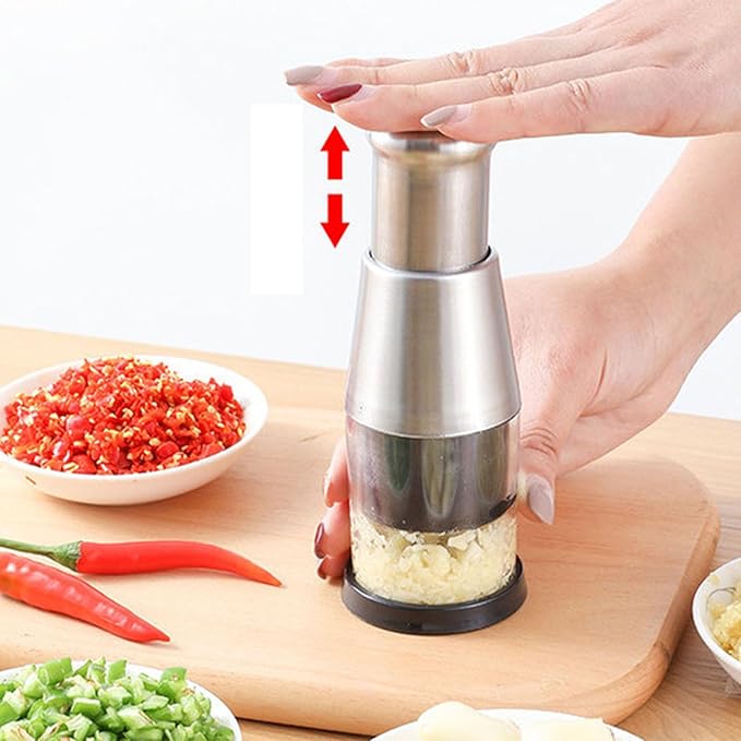 Manual Food Chopper, Garlic Press Multi Functional Stainless Steel Handheld Tool Garlic Pressing Chopper for Mincing Onion, Slicing Peppers, Potato