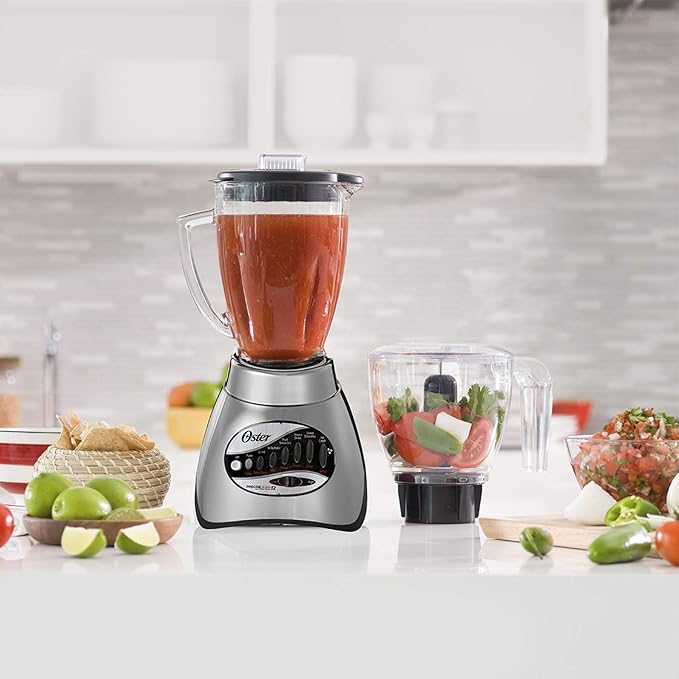 Oster Classic Series 16-Speed Blender with Food Chopper & 5-Cup Glass Jar, Countertop Kitchen Blender, Brushed Nickel
