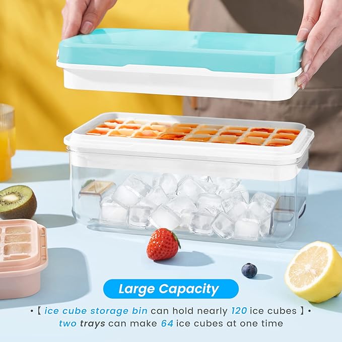 Ice Cube Tray with Lid and Bin, PHINOX 64 pcs Ice Trays for Freezer, Ice Cube Trays for Freezer with 2 trays, Container, Lid & Ice Scoop, BPA Free